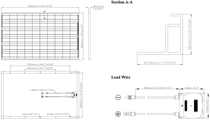 Alps ATI-2000(230) Solar Panel Dimensions