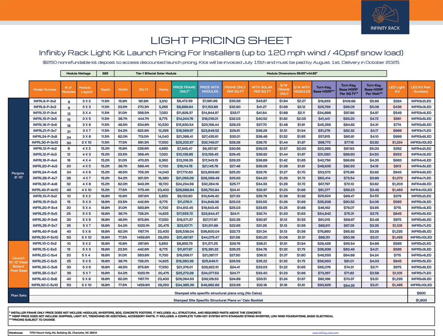 Infinity Rack Light Standard Pricing Sheet