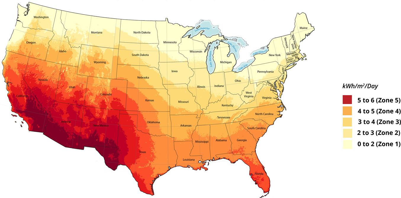 U.S. Solar Insolation Zones Map - Desktop View