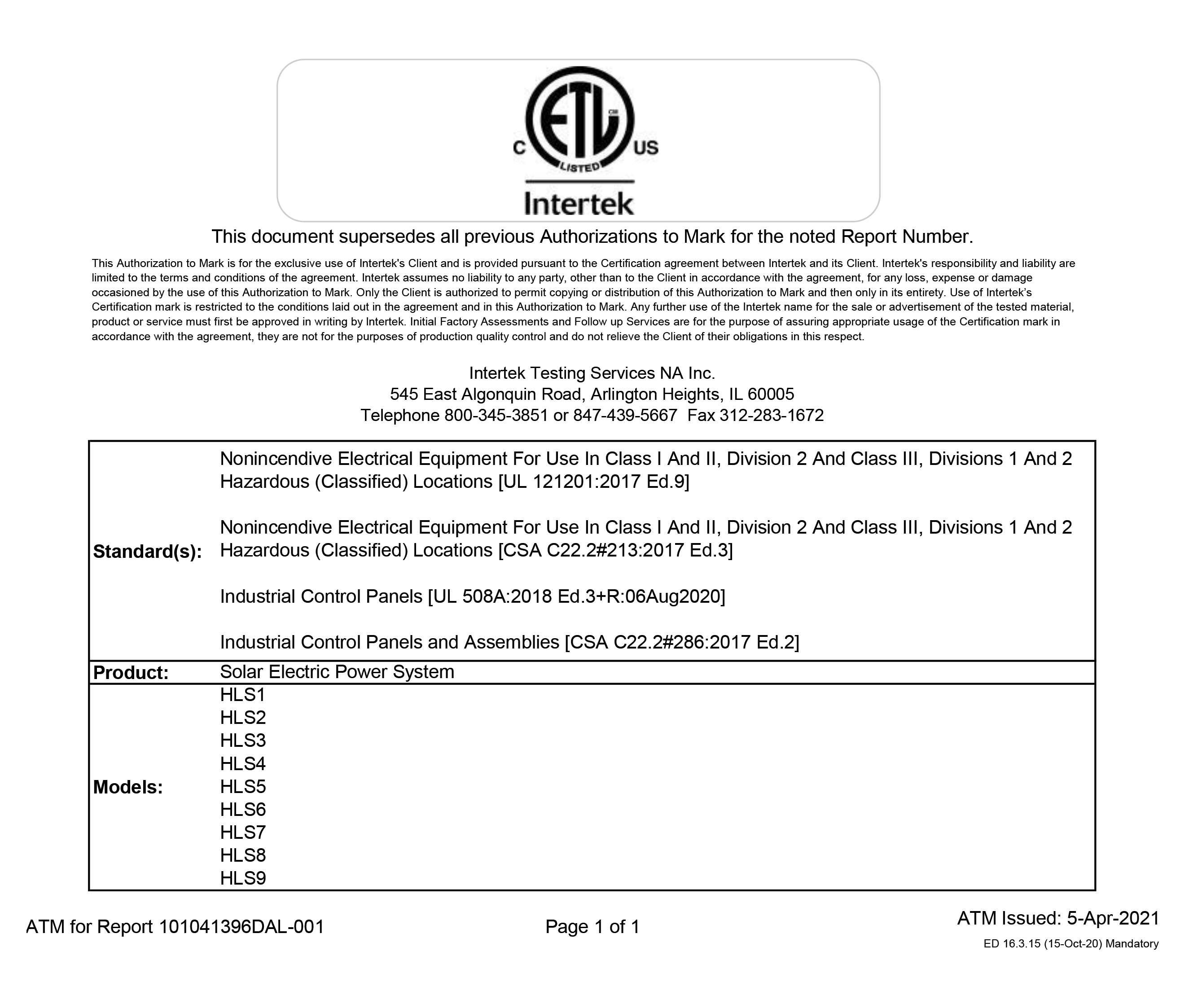 C1 D2 Intertek Certification